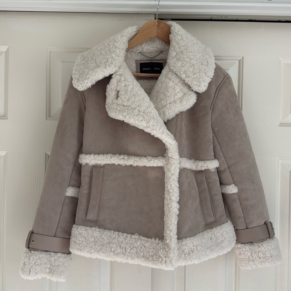 Faux Shearling Moto Jacket, color- STONE, size-XS, by Bcbgmaxaria. NWT